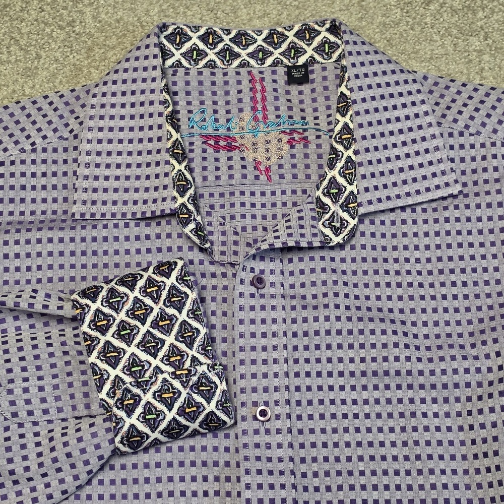 Robert Graham Purple Check Long Sleeve Flip Cuff Button Shirt Men's XL Classic